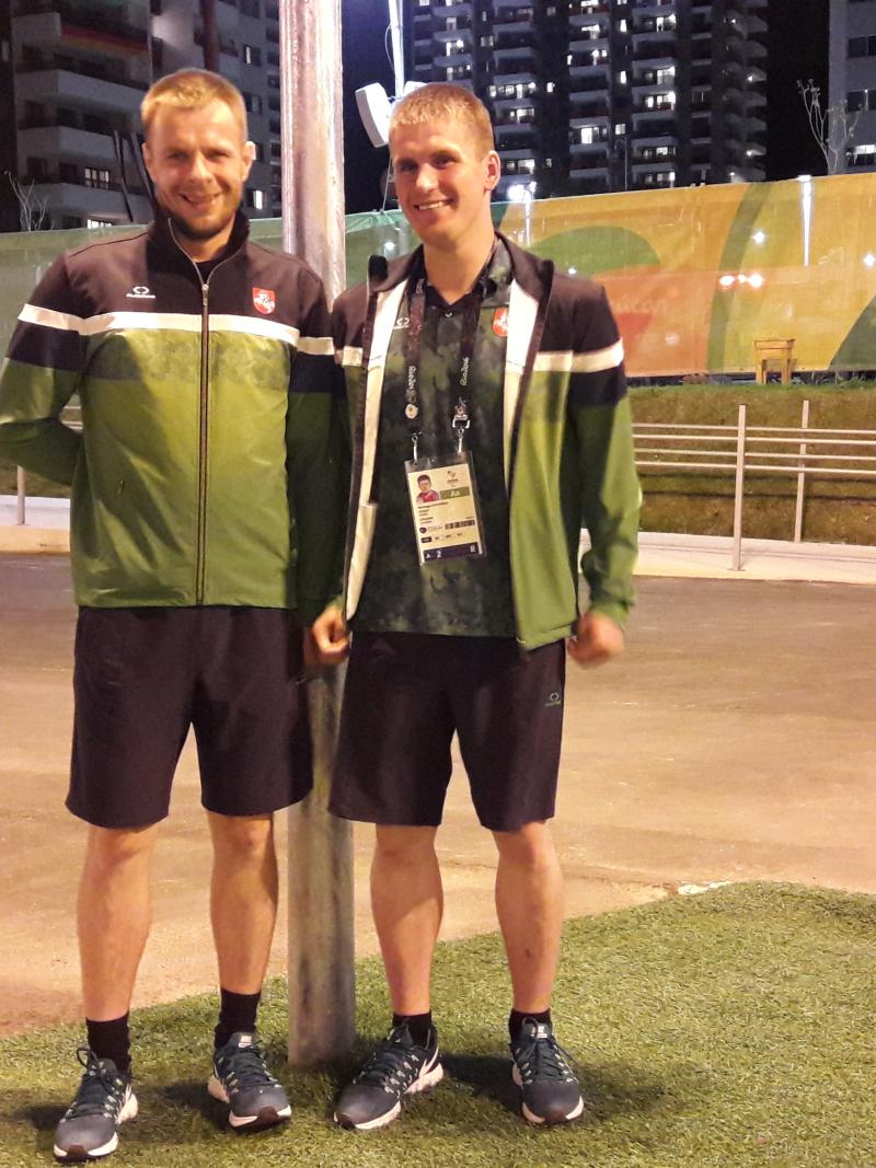 Genrik Pavliukianec with teammate Mindaugas Suchovejus at the Athletes' Village during the Rio 2016 Paralympics.