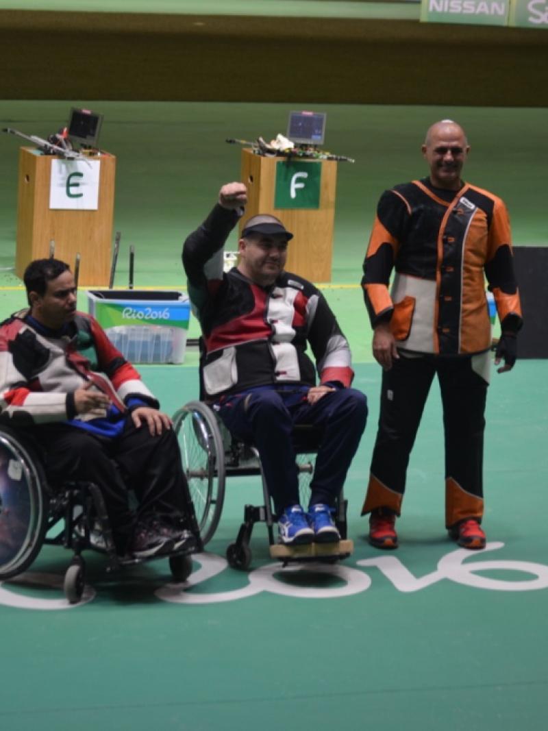 Serbia’s Laslo Suranji (centre) with fellow medallists Abdulla Sultan Alaryani and Doron Shaziri.