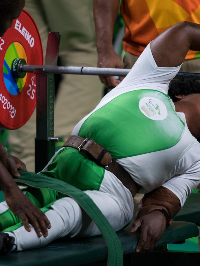 Gold Medallist Bose Omolayo NGR competes in the Women's -79 kg Powerlifting contest at the Riocentro - Pavilion 2