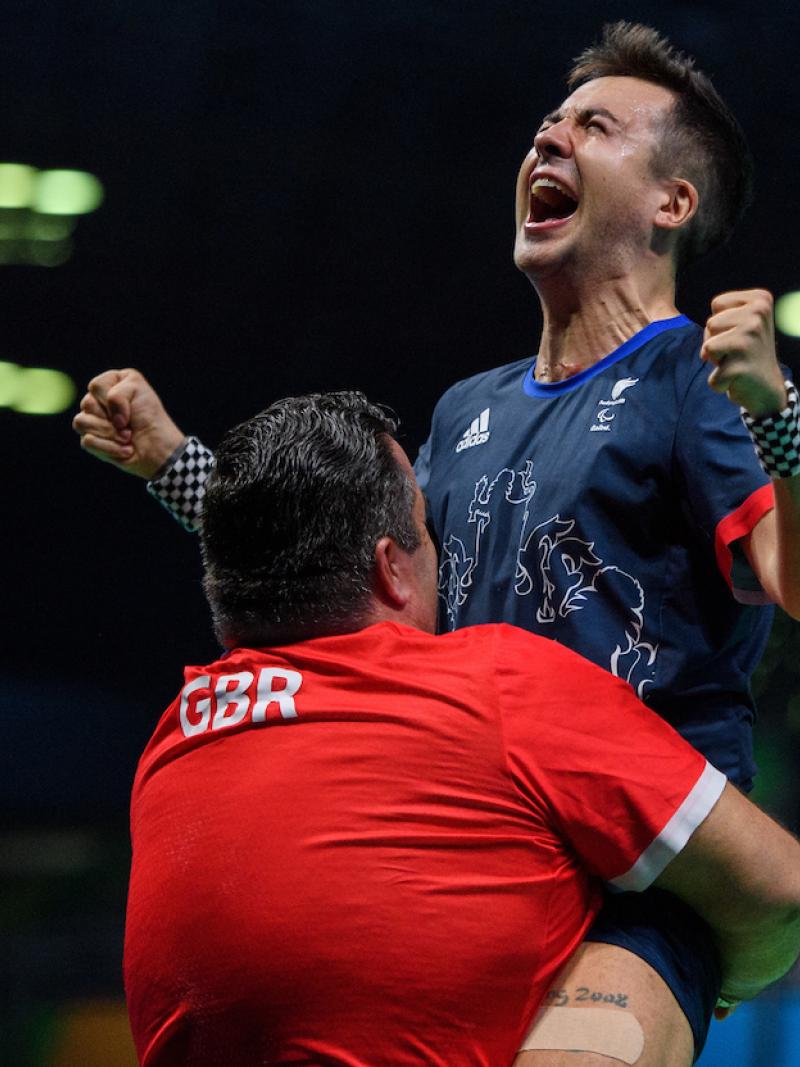 Will Bayley celebrates his 3-1 win against Israel Pereira Stroh BRA in the Men's Singles - Class 7