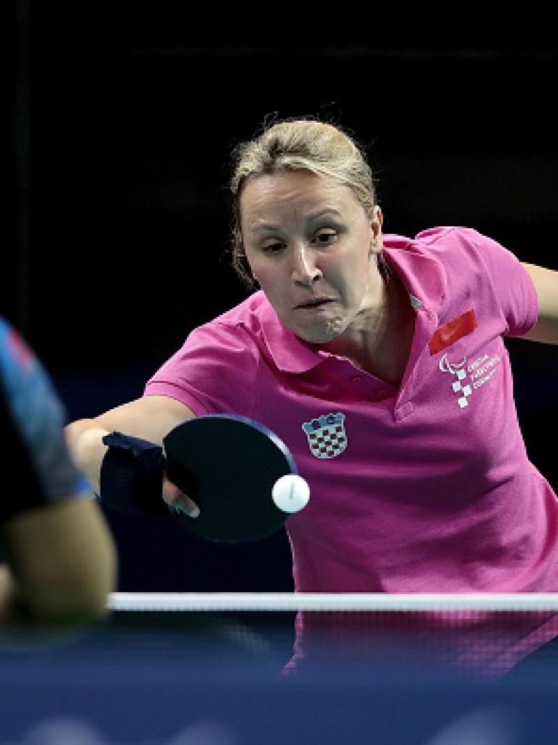 Sandra Paovic of Croatia in action against Kunwoo Lee during the prelimimary round of the Women's's Table Tennis at the Rio 2016 Paralympic Games.