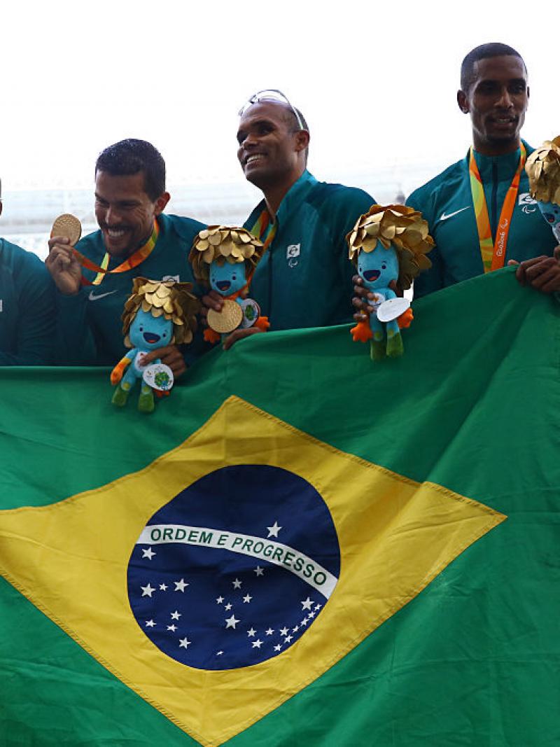 Gold medalist Diogo Ualisson Jeronimo da Silva, Gustavo Henrique Araujo, Daniel Silva, Heitor de Oliveira Sales, Felipe Gomes and Jonas de Lima Silva of Brazil pose on the podium