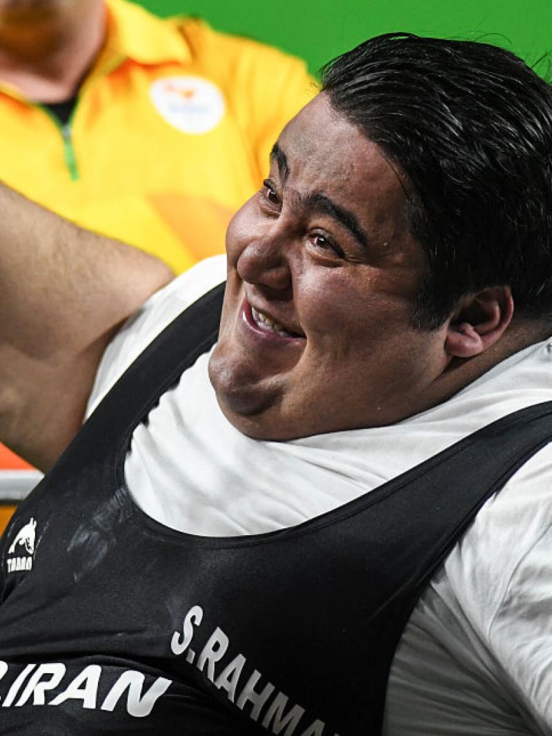 Siamand Rahman of Iran celebrates his victory on the Powerlifting - Men's +107kg Group A at Riocentro Pavillon 2