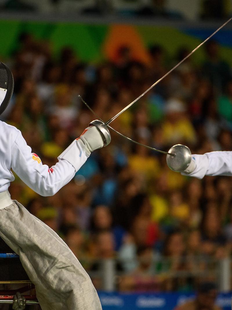 Jianquan Tian CHN (left) vs Gang Sun CHN in the Men's Individual Épée - Category A Semi-final Wheelchair Fencing in the Carioca Arena 3 at the Rio 2016 Paralympic Games.