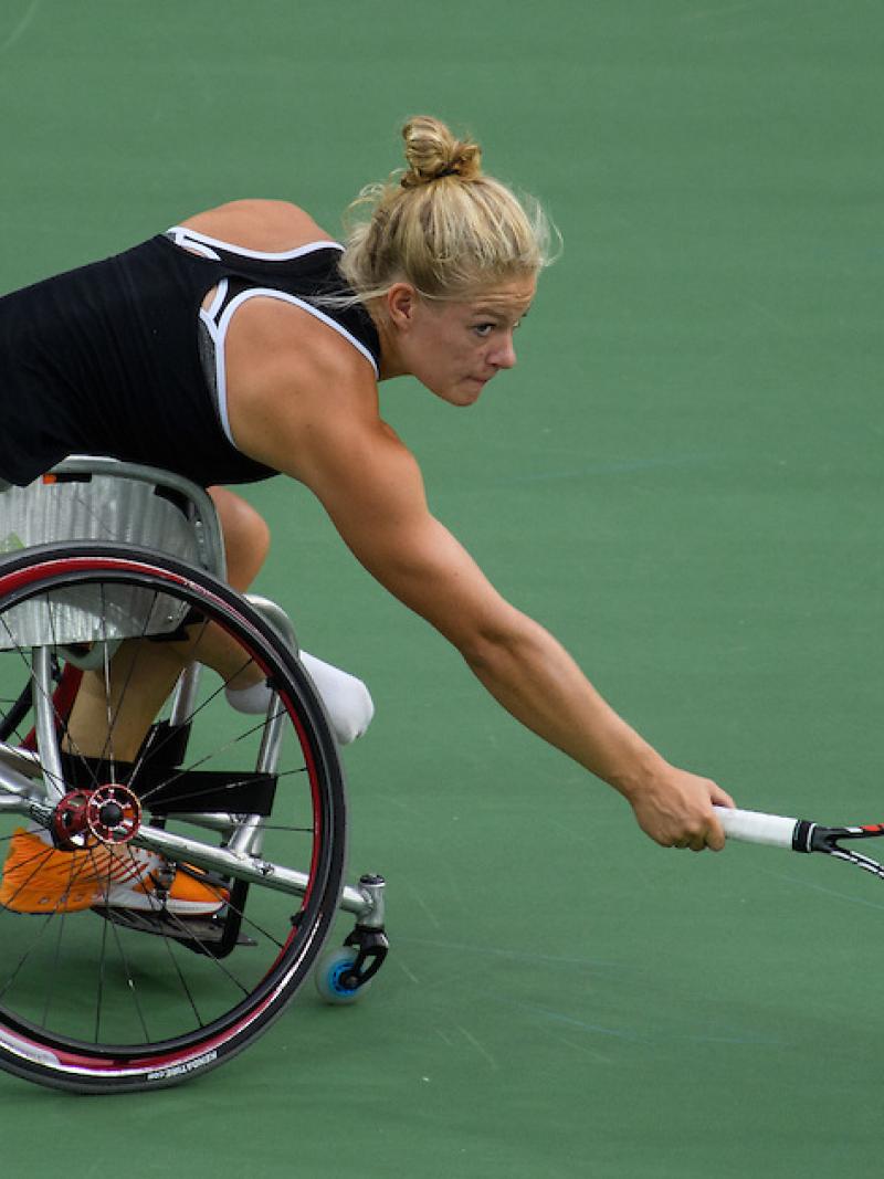 Diede De Groot of the Netherlands playing against Yui Kamiji JPN in the Women's Singles Bronze Medal Match. Wheelchair Tennis at the Rio 2016 Paralympic Games.