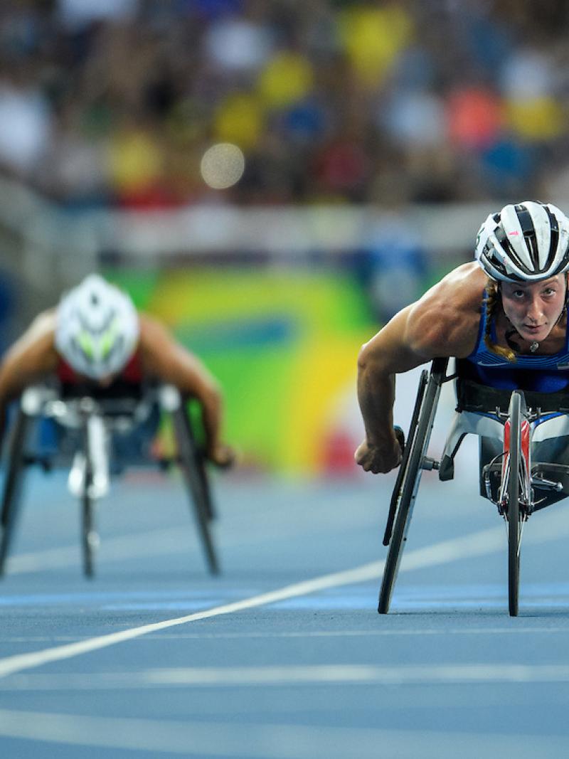 Tatyana McFadden of the USA winning the Gold Medal in the Women's 400m - T54 Final in the Olympic Stadium. at the Rio 2016 Paralympic Games.