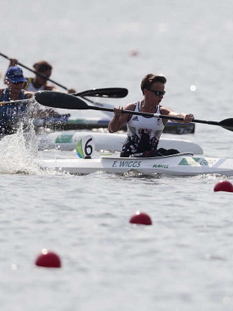 Emma Wiggis of Great Britain in action during the Canoe Sprint - Women's KL2 200m heat 1 at Lagoa Stadium at the Rio 2016 Paralympic Games.