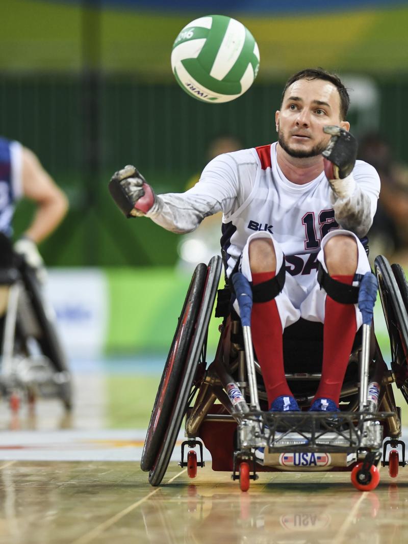 The USA's Chad Cohn competes during the wheelchair rugby match against France at the Rio 2016 Paralympic Games.