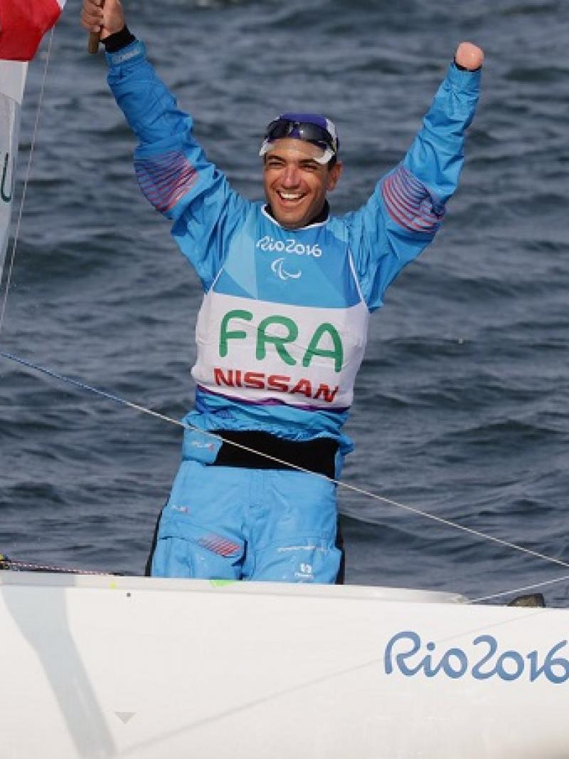 Damien Seguin celebrates winning sailing gold in Rio de Janeiro