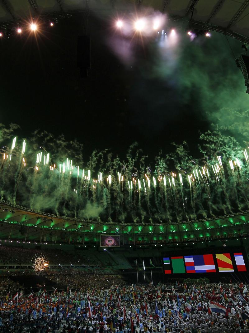 View on a stadium by night with fireworks