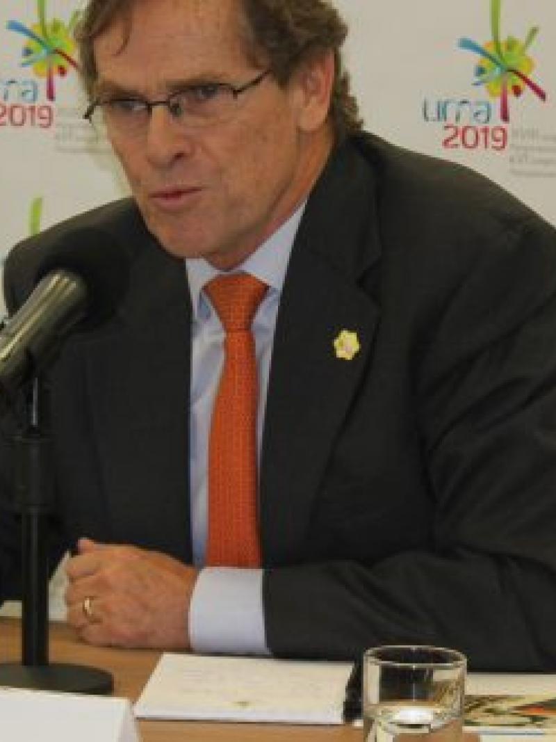 Lima 2019 President Carlos Neuhaus gives a press conference.