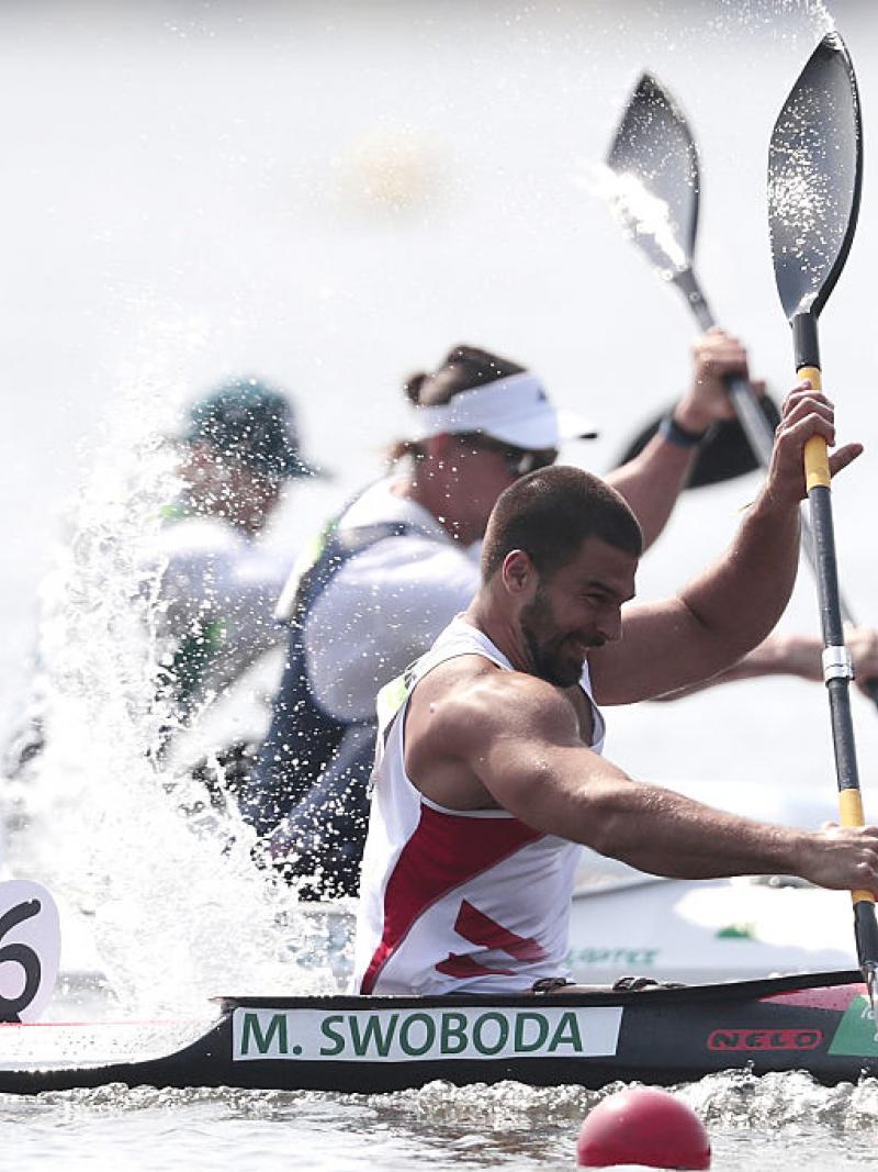 Markus Swoboda of Austria in action during the Canoe Sprint - Men's KL2 200m heat 2 at the Rio 2016 Paralympic Games.