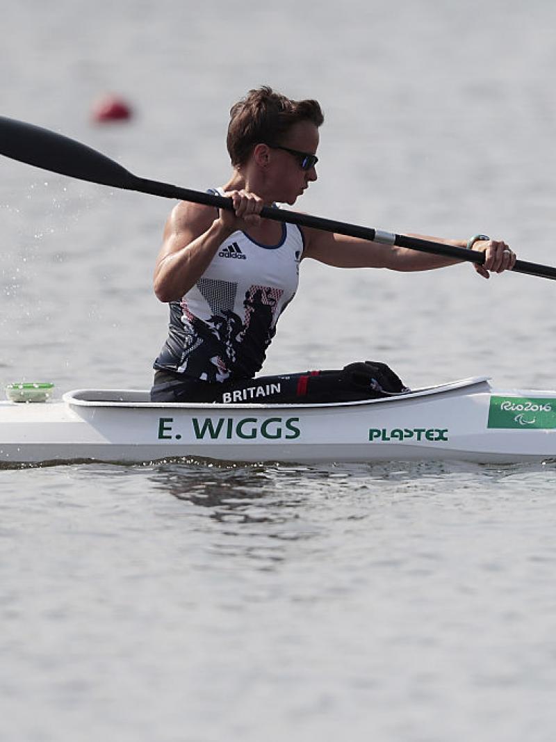 Emma Wiggis of Great Britain in action during the Canoe Sprint - Women's KL2 200m heat 1 at the Rio 2016 Paralympic Games.