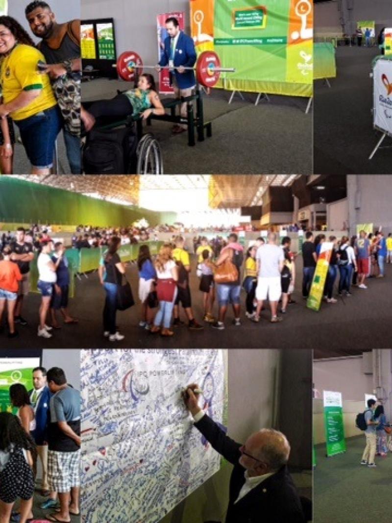 collage of photos of spectators trying out powerlifting and playing