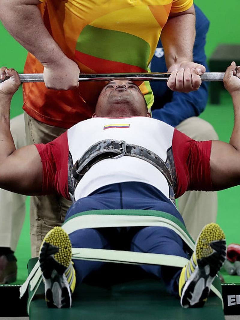 Fabio Torres Silva of Colombia competes in the Powerlifting - Men's -97kg Group A Final at the Rio 2016 Paralympic Games.