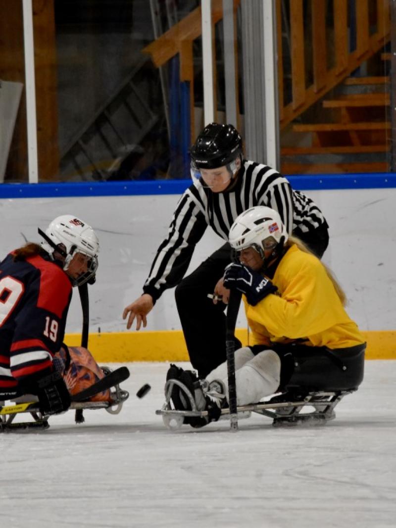 Two female sledge hockey players on the ice, fighting for the puk from the referee