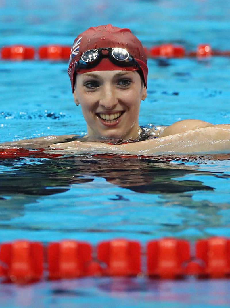 Bethany Firth of Great Britain celebrates winning the gold medal in the Women's 100m Backstroke - S14 Final at the Rio 2016 Paralympic Games.