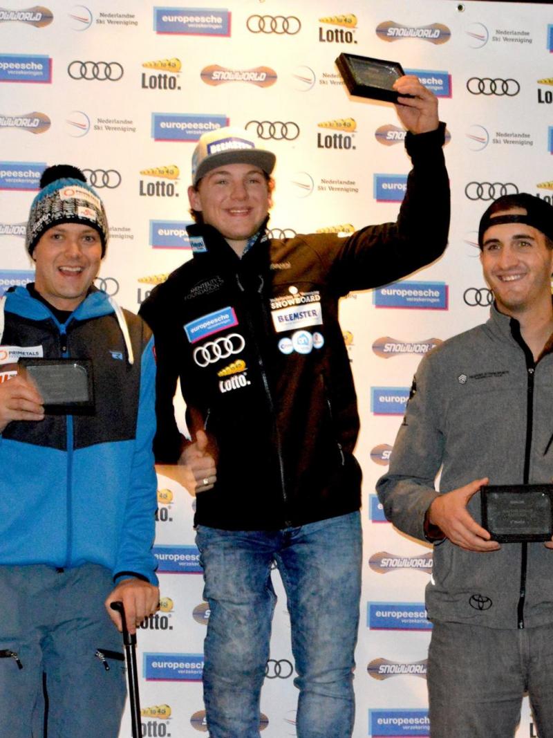 Chris Vos of the Netherlands, Reinhold Schett of Austria and Mark Mann of the USA at the IPC Snowboard Europa Cup in Landgraaf, the Netherlands.