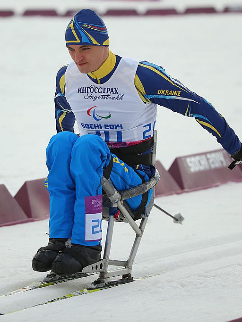 Maksym Yarovyi of Ukraine competes in the men's 15km sitting Para cross-country skiing at the Sochi 2014 Paralympic Winter Games.