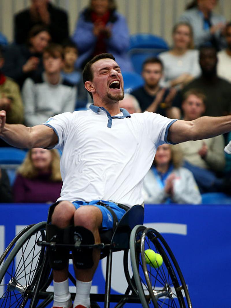 Joachim Gerard of Belgium celebrates after winning the mens final match against Gordon Reid of Great Britain on Day 5 of the NEC Wheelchair Tennis Masters at Queen Elizabeth Olympic Park on December 04, 2016 in London, England.