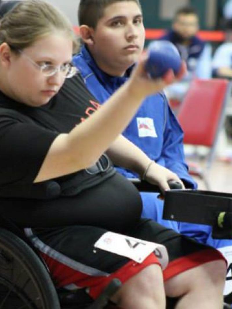 Canadian boccia player Alison Levine focused whilst training.