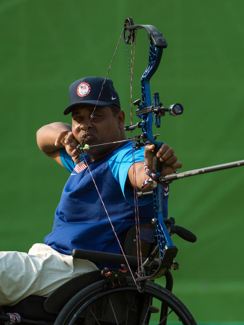 Andre Shelby USA competes in the Men's Archery Individual Compound Open 1/8 Elimination Round against Nathan MacQueen GBR at Sambodromo