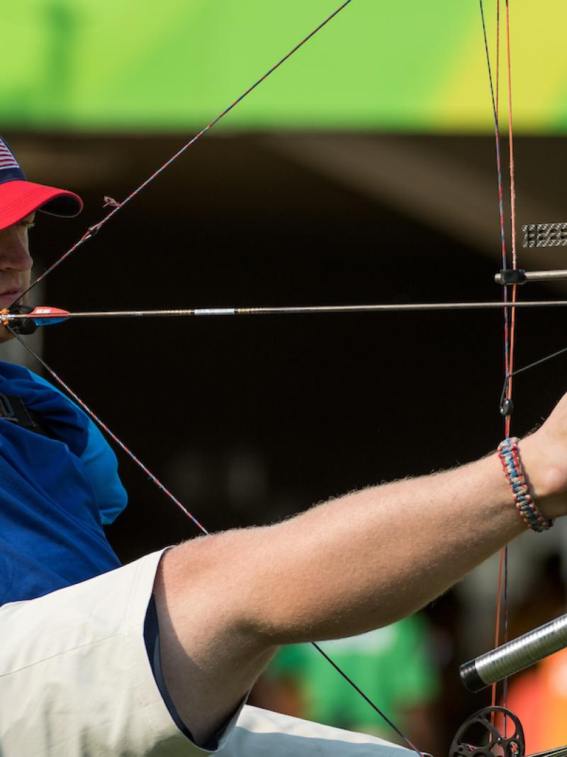 Matt Stutzman USA competes in the Men's Archery Individual Compound Open 1/8 Elimination Round against Andrey Muniz de Castro BRA at Sambodromo. 