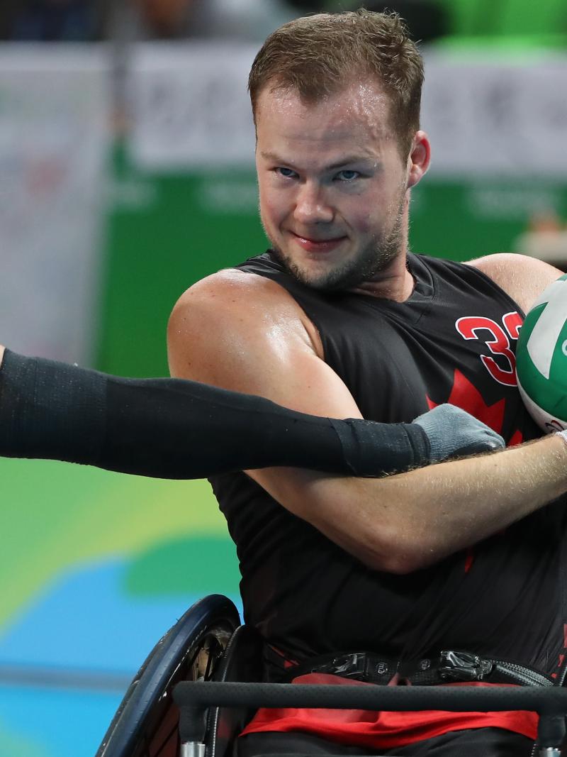 Zak Madell of Canada in action during the Men's Wheelchair Rugby Bronze Medal match against Japan