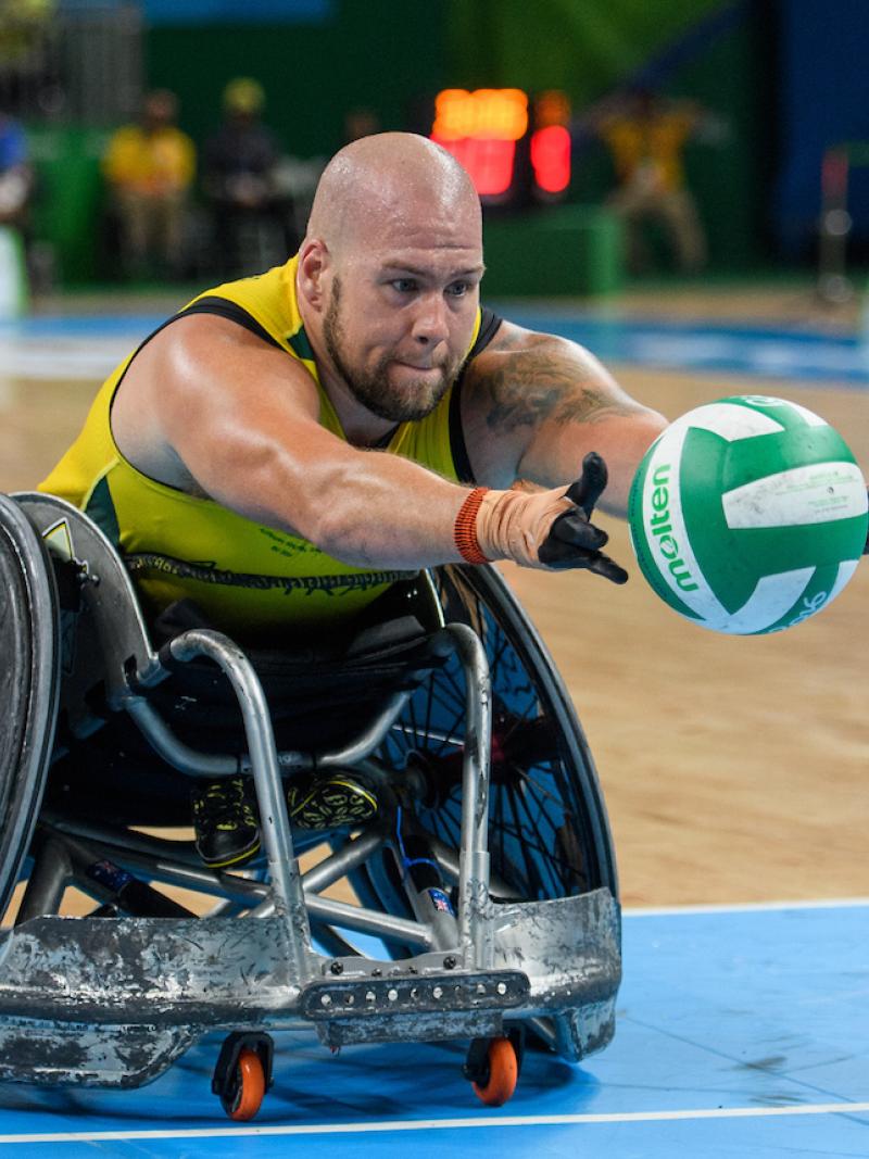 Ryley Batt AUS enters the scoring zone in the Gold Medal Match in the Mixed Wheelchair Rugby Between AUS and USA