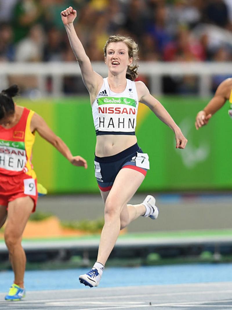 Sophie Hahn of Great Britain celebrates after winning the women's 100 meter T38 on day 2 of the Rio 2016 Paralympic Games