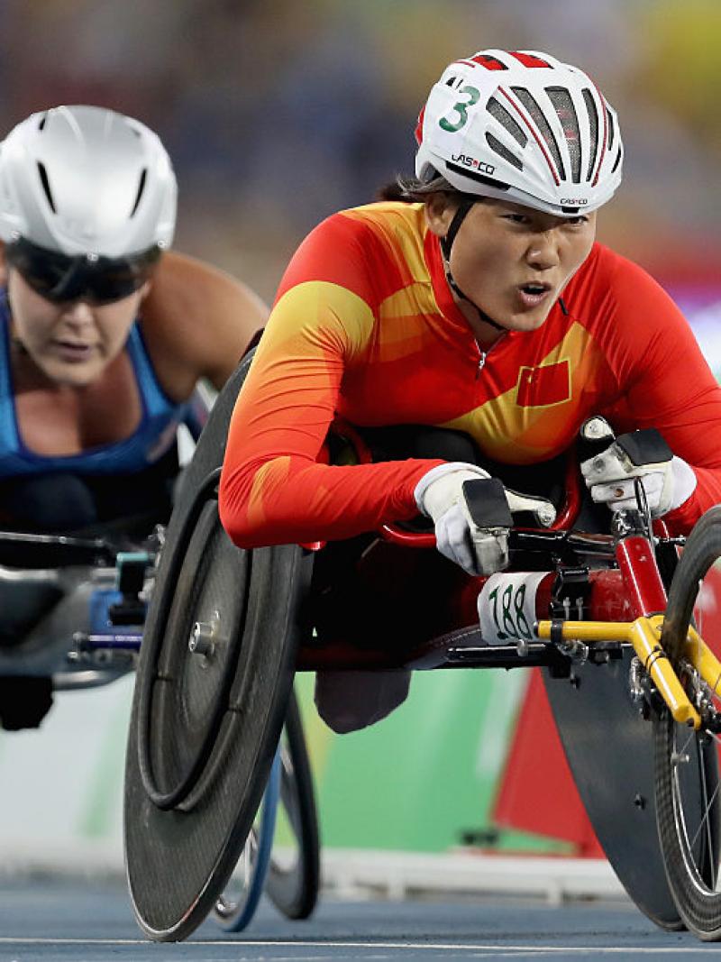 Hongzhuan Zhou of China competes at the Women's 800m - T53 Final during day 10 of the Rio 2016 Paralympic Games