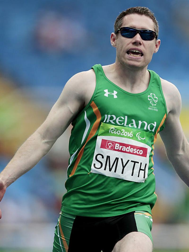Jason Smyth of Ireland celebrates after winning the Men's 100m - T13 Final at the Olympic Stadium on Day 2 of the Rio 2016 Paralympic Games