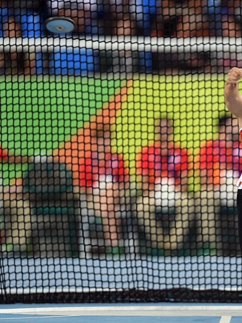 Raoua Tlili of Tunisia competes in the women's discus throw - F41 final during the day 8 of the Rio 2016 Paralympic Games
