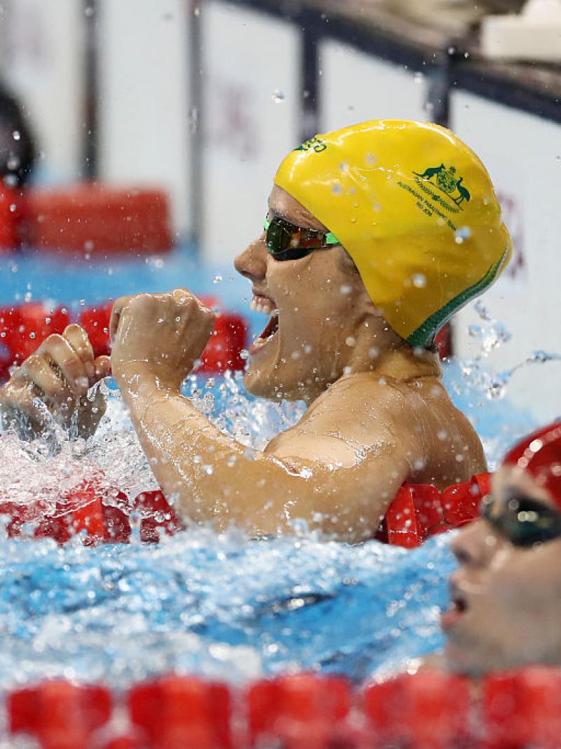 Ellie Cole of Australia celebrates winning the gold medal in the Women's 100m Backstroke - S9 Final on day 9 of the Rio 2016 Paralympic Games