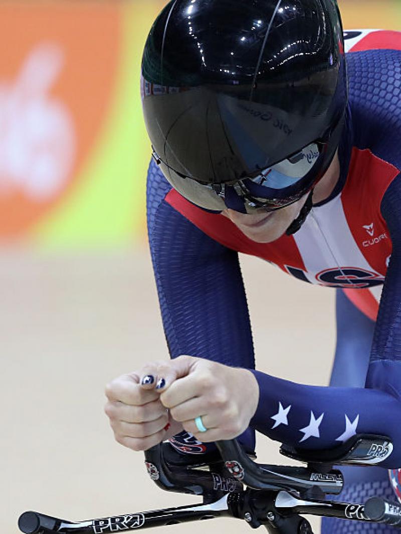 Samantha Bosco of the USA competes in the women's C5 3000m individual pursuit track cycling at the Rio 2016 Paralympic Games.