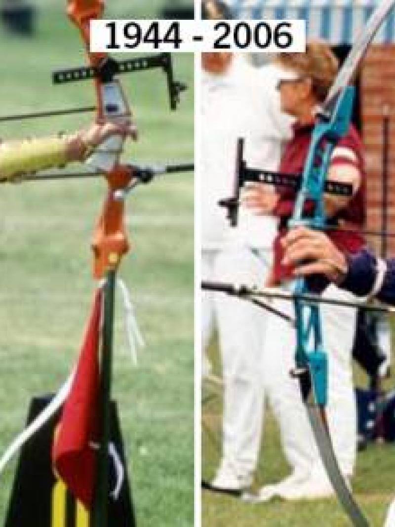 Two photos of an archer shooting a bow are shown. The image on the right is from 1944, and the image on the left is from 2006.