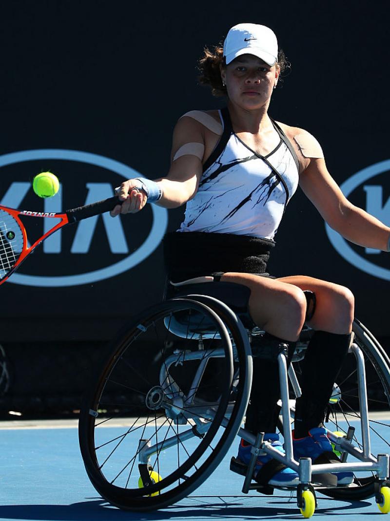 Marjolein Buis of the Netherlands competes against Lucy Shuker of Great Britain in their Quarterfinal match during the Australian Open 2017 Wheelchair Championships.