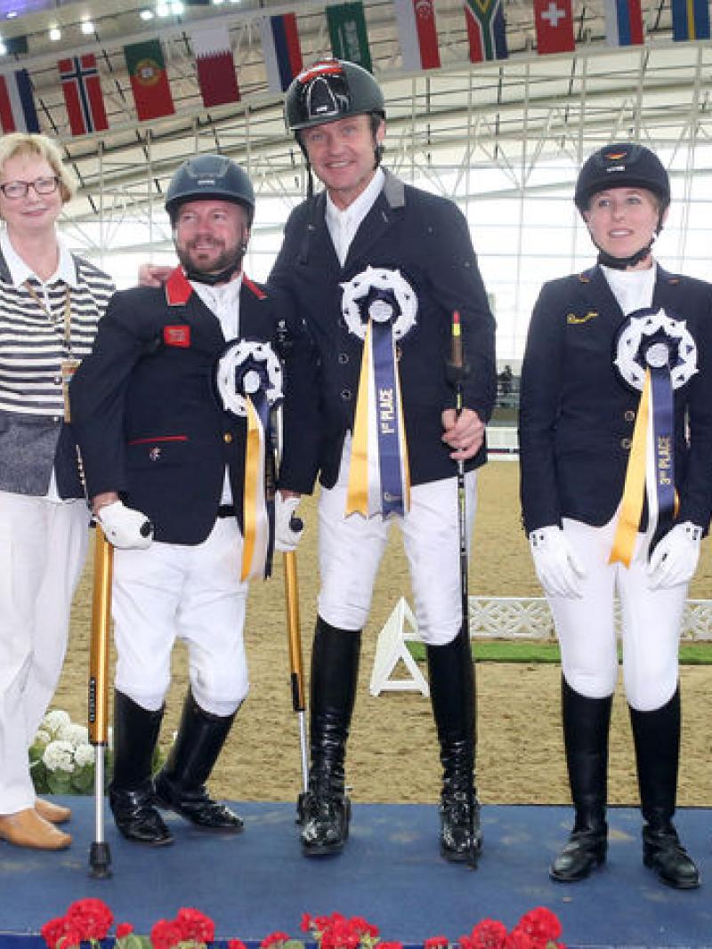 Lee Pearson, Pepo Puch and Alena Rosenburg at the 2017 Al Shaqab competition in Doha, Qatar. 