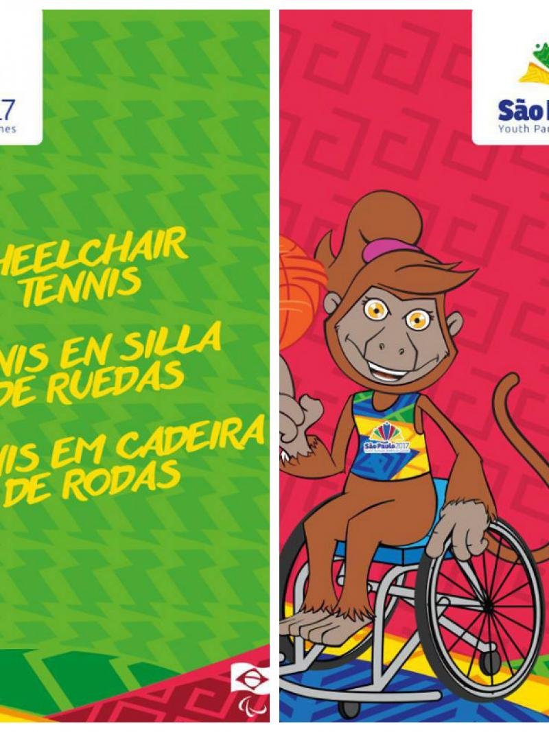Two cartoons with a monkey mascot showcasing wheelchair tennis and wheelchair basketball
