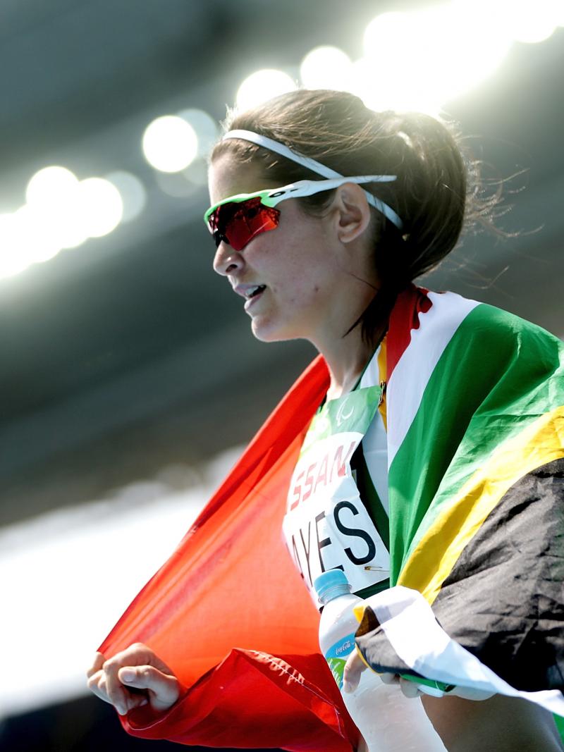 South Africa's Ilse Hayes celebrates wining silver in the 400m T13 final at Rio 2016.