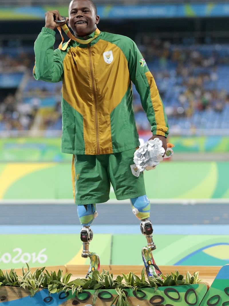 South Africa's Ntando Mahlangu celebrates winning 200m T42 silver at the Rio 2016 Paralympic Games.