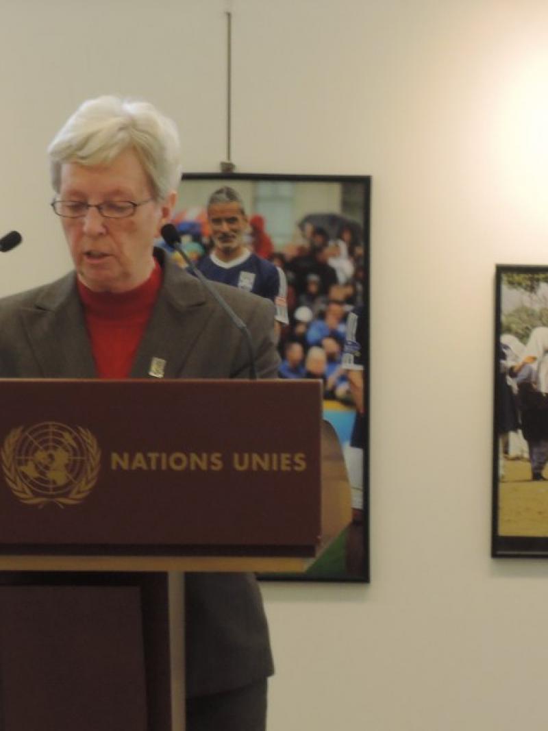 IWBF Secretary General Maureen Orchard speaks at the inauguration of the We Play Together photo exhibition.