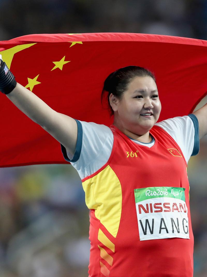 China's Jun Wang celebrates winning the women's shot put F35 at the Rio 2016 Paralympic Games.