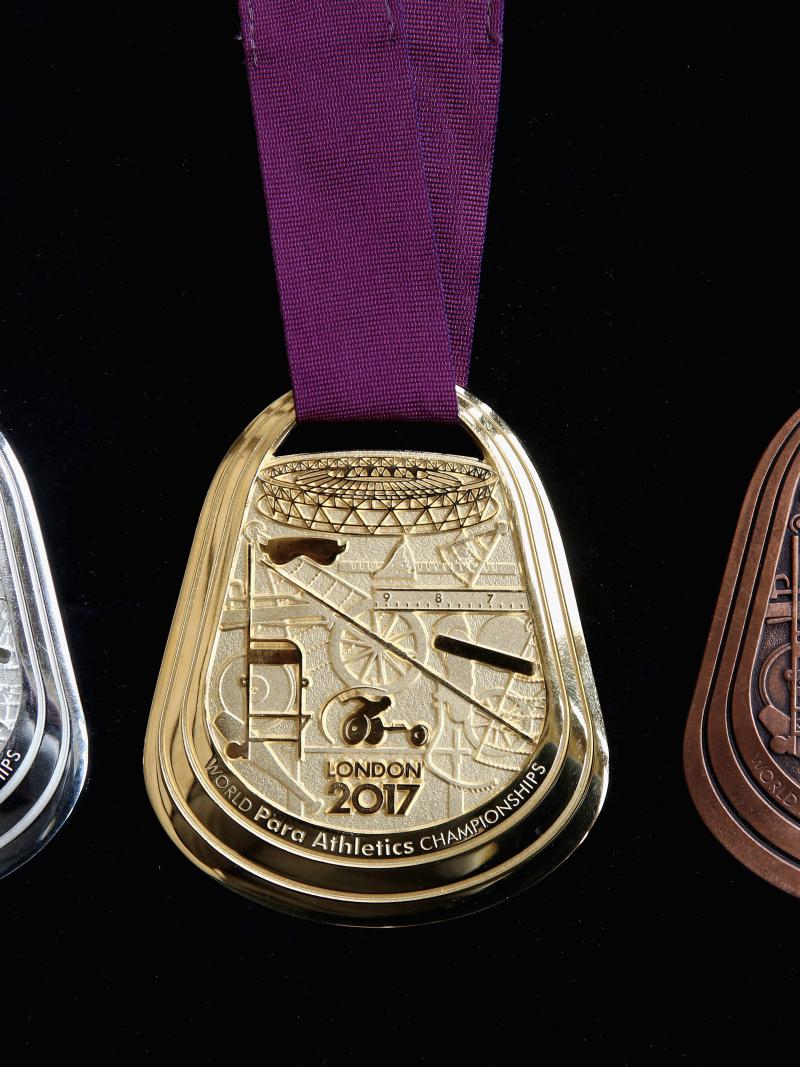 The London 2017 medals are layered with symbols of every event on the competition schedule, an intricate design that bears resemblance to the inner workings of a watch.