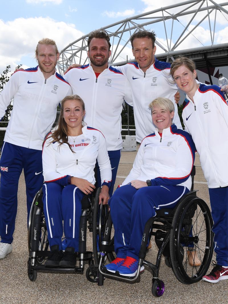 Jonnie Peacock, Hannah Cockroft, Aled Davies, Richard Whitehead, Jo Butterfield and Sopie Hahn pose outside London Olympic Stadium.
