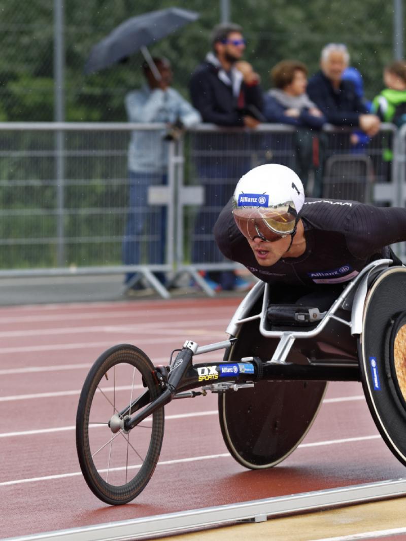 Marcel Hug crosses the finish line at the Nottwil Grand Prix