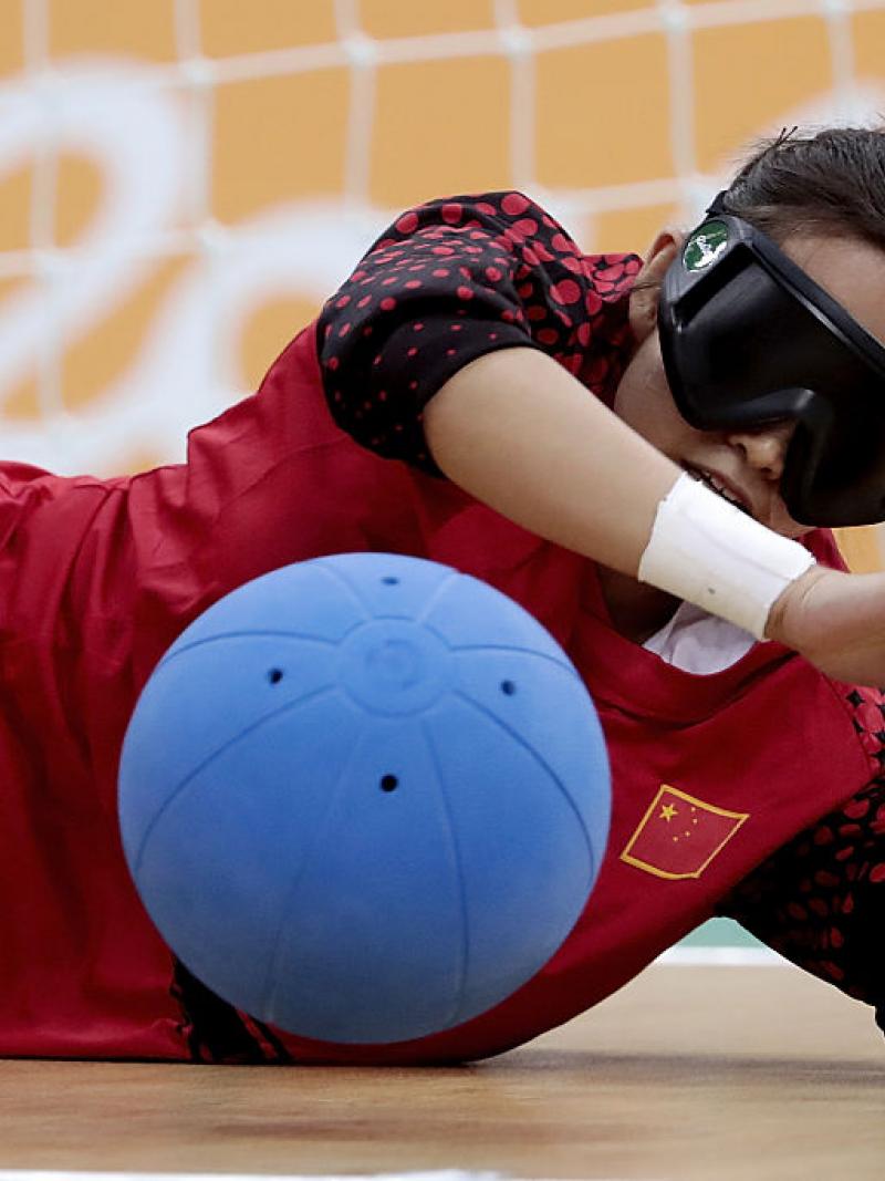 China's Fengqing Chen saves a goal in the Rio 2016 goalball competition