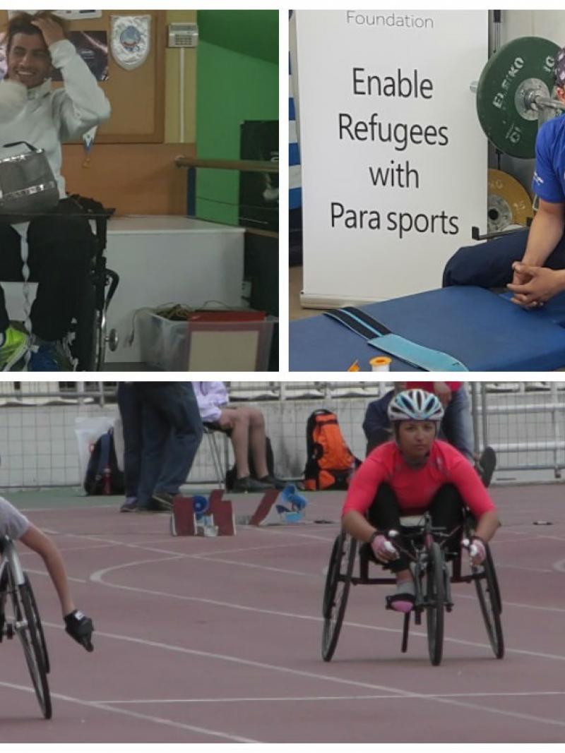 two men in wheelchairs and one sitting on a powerlifting bench