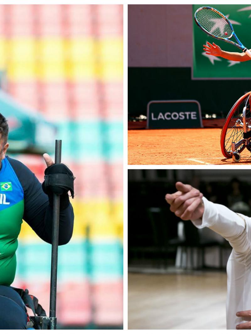 a woman playing wheelchair tennis, a man strikes a wheelchair dance pose, a man throws a shot put