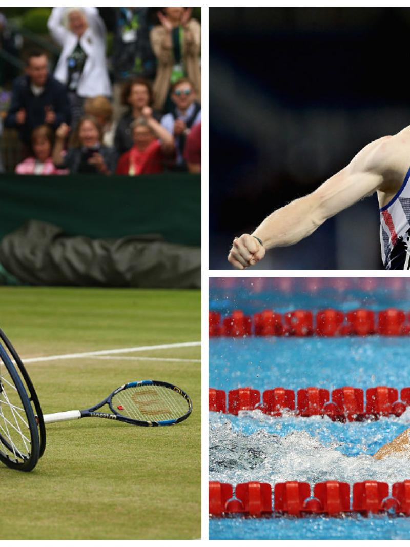 a man celebrates in a wheelchair, a runner celebrates crossing the line, a swimmer touches the wall